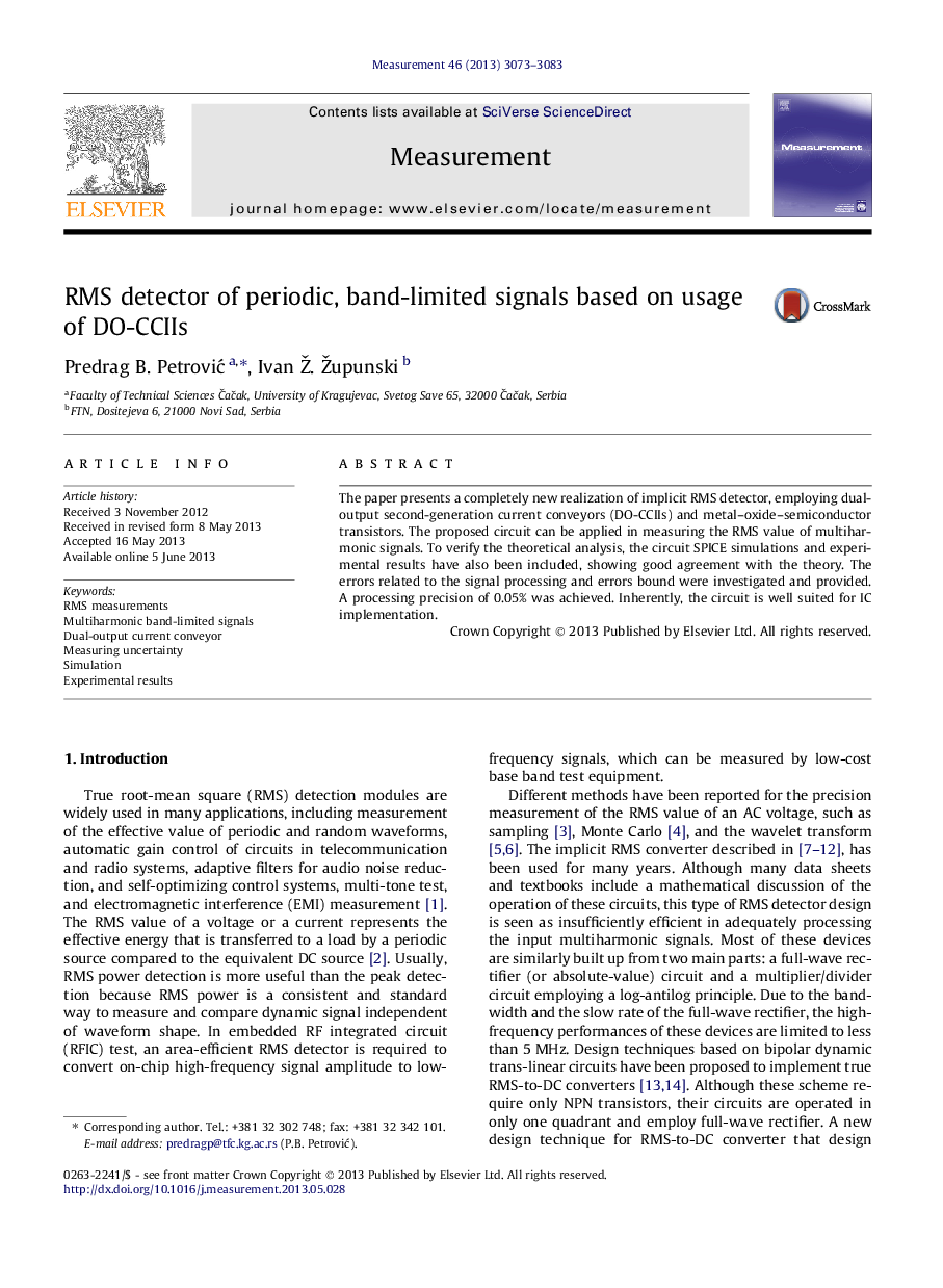 RMS detector of periodic, band-limited signals based on usage of DO-CCIIs