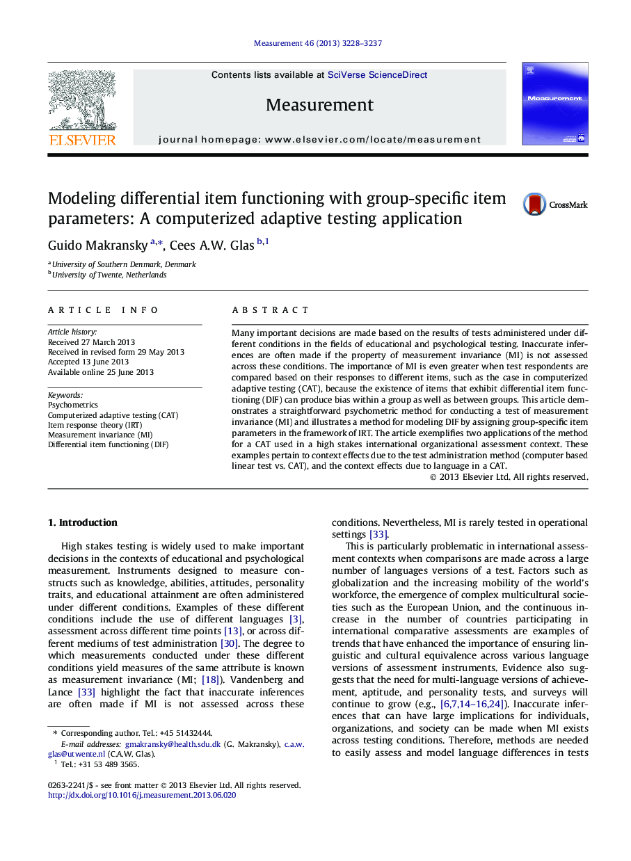 Modeling differential item functioning with group-specific item parameters: A computerized adaptive testing application