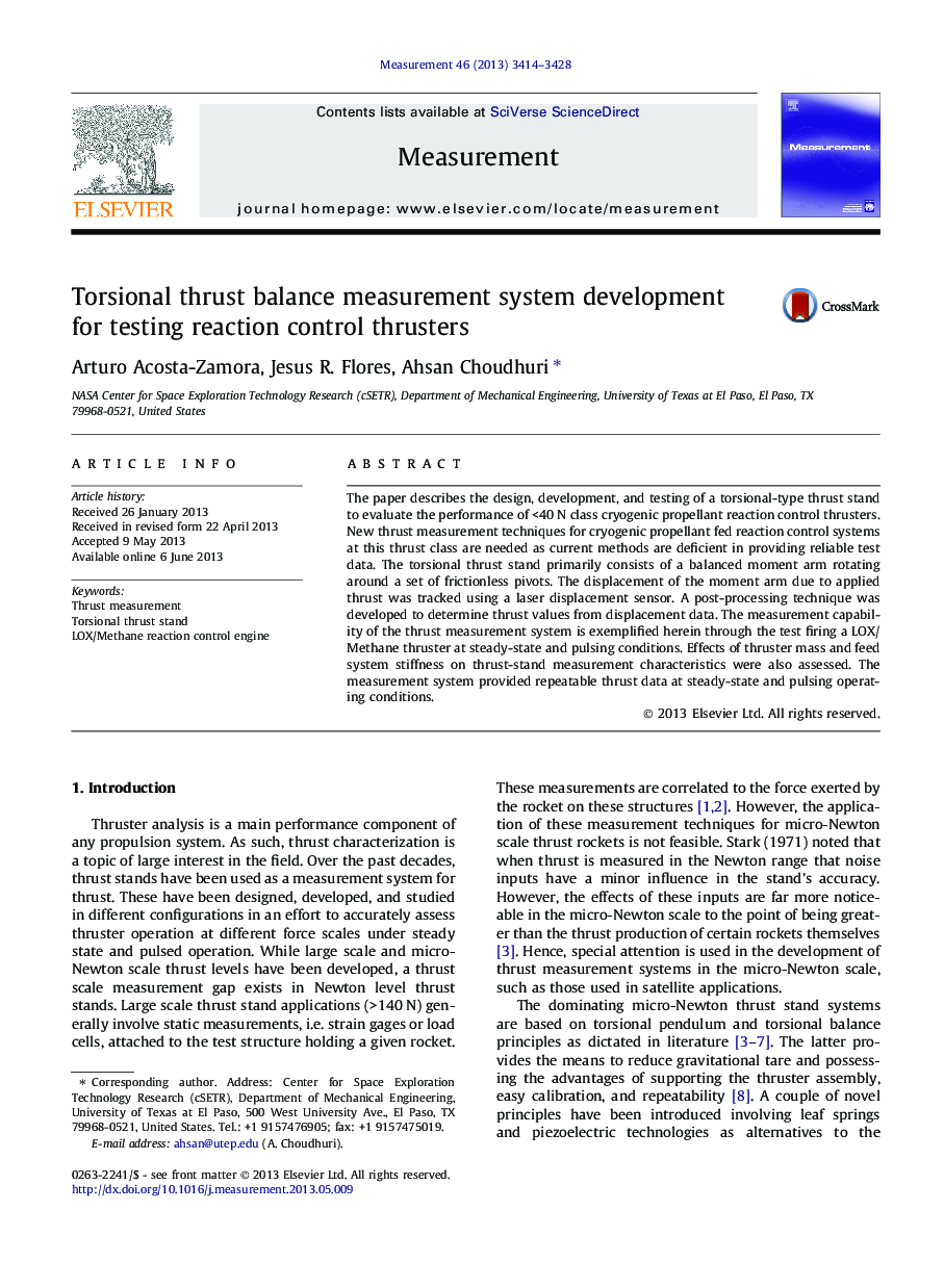 Torsional thrust balance measurement system development for testing reaction control thrusters