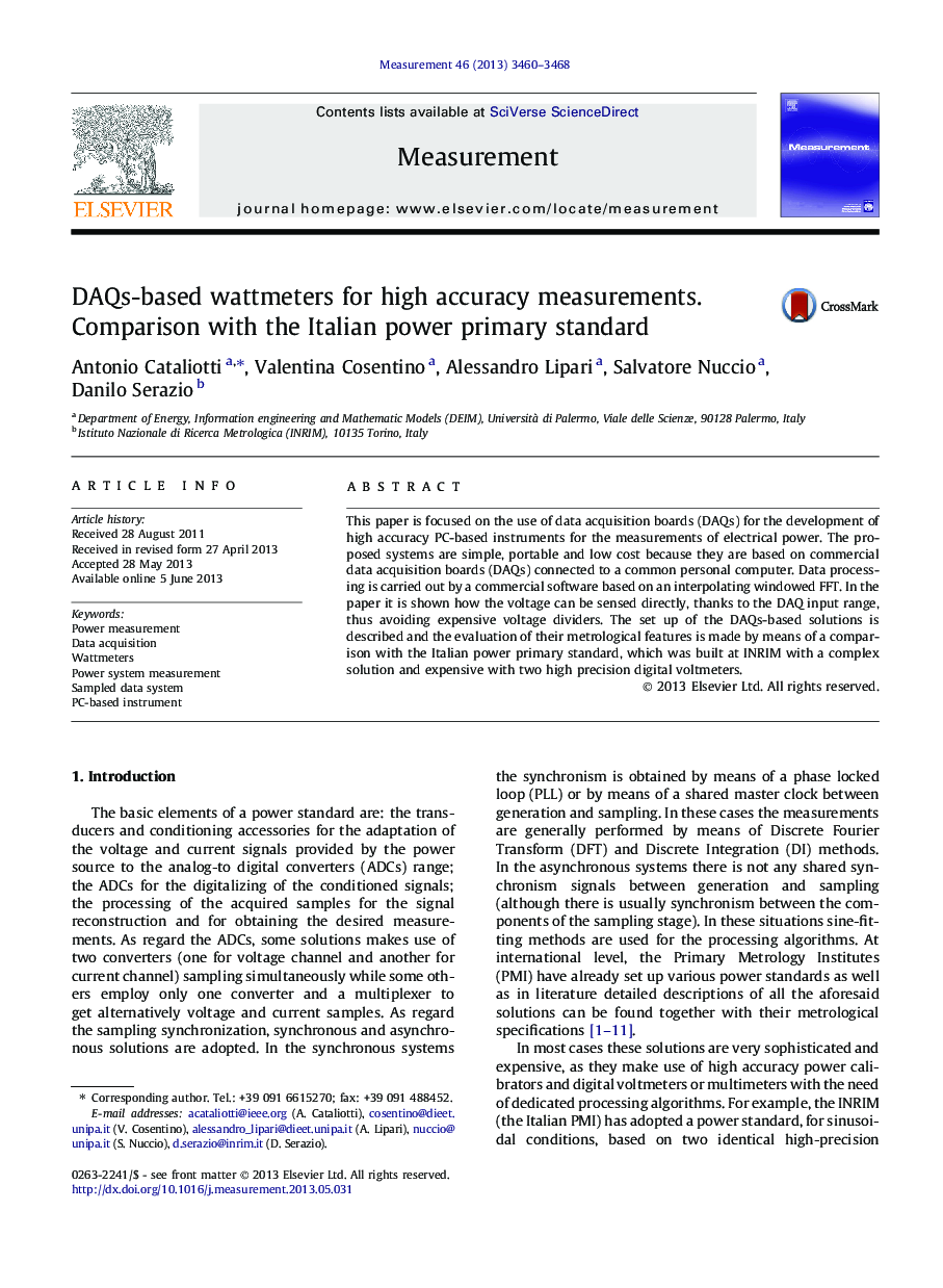 DAQs-based wattmeters for high accuracy measurements. Comparison with the Italian power primary standard
