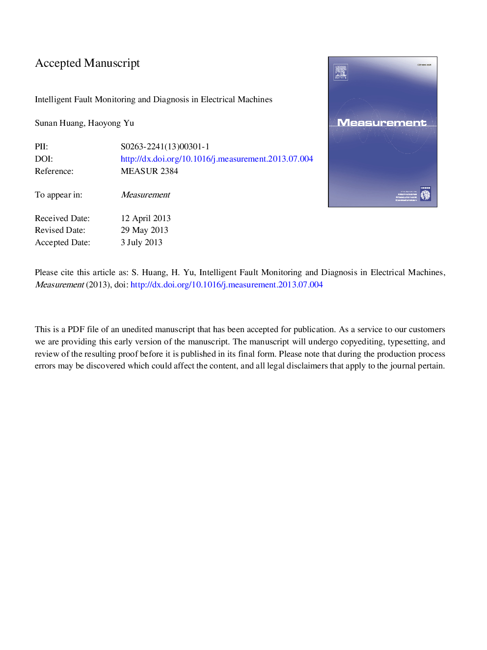 Intelligent fault monitoring and diagnosis in electrical machines