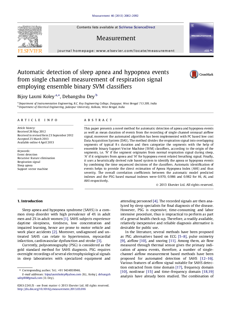 Automatic detection of sleep apnea and hypopnea events from single channel measurement of respiration signal employing ensemble binary SVM classifiers