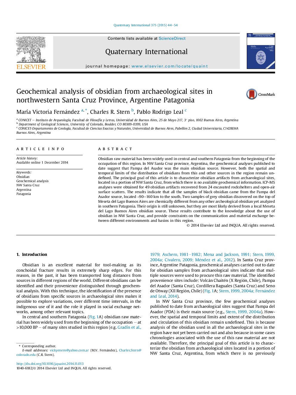 Geochemical analysis of obsidian from archaeological sites in northwestern Santa Cruz Province, Argentine Patagonia