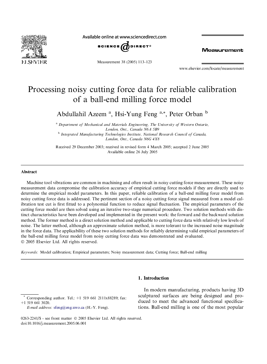 Processing noisy cutting force data for reliable calibration of a ball-end milling force model