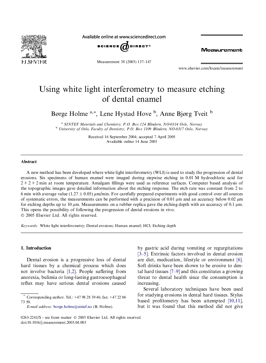 Using white light interferometry to measure etching of dental enamel