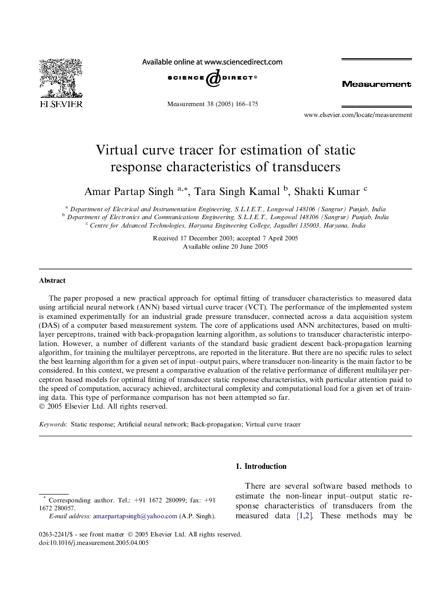 Virtual curve tracer for estimation of static response characteristics of transducers