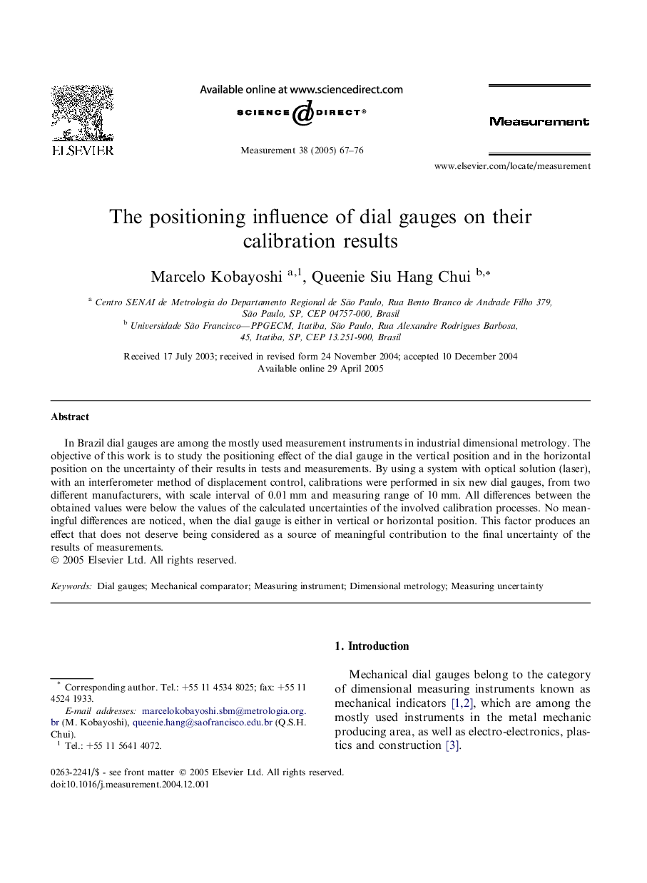 The positioning influence of dial gauges on their calibration results