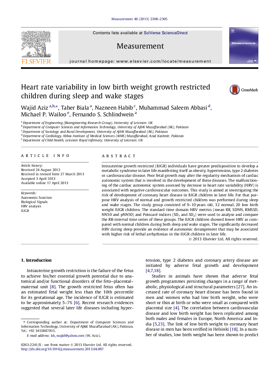 Heart rate variability in low birth weight growth restricted children during sleep and wake stages