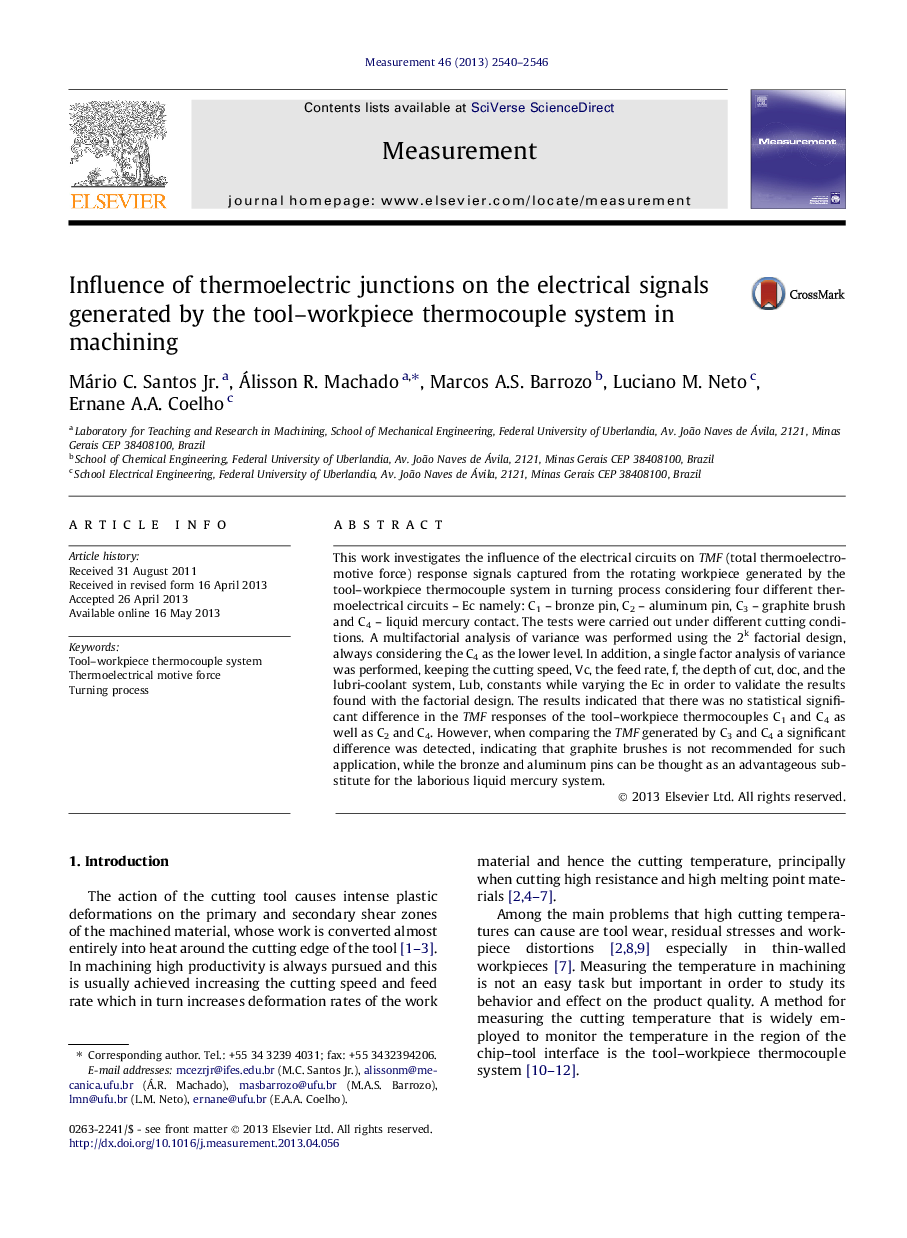 Influence of thermoelectric junctions on the electrical signals generated by the tool-workpiece thermocouple system in machining