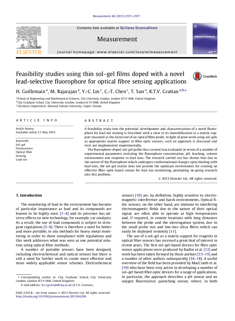 Feasibility studies using thin sol-gel films doped with a novel lead-selective fluorophore for optical fibre sensing applications