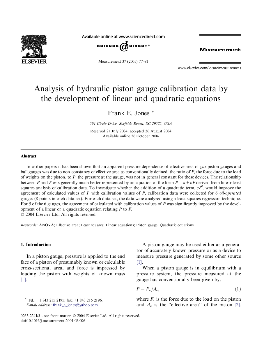 Analysis of hydraulic piston gauge calibration data by the development of linear and quadratic equations