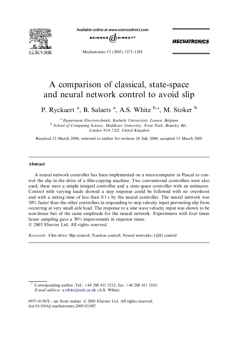 A comparison of classical, state-space and neural network control to avoid slip