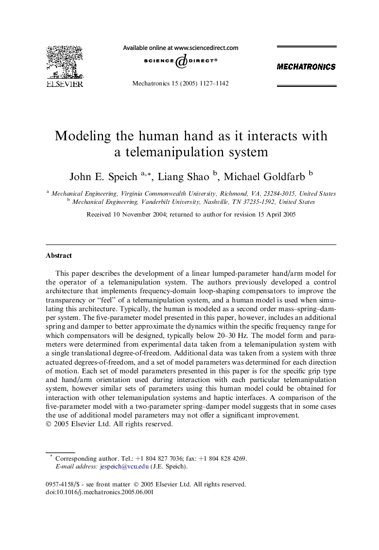 Modeling the human hand as it interacts with a telemanipulation system