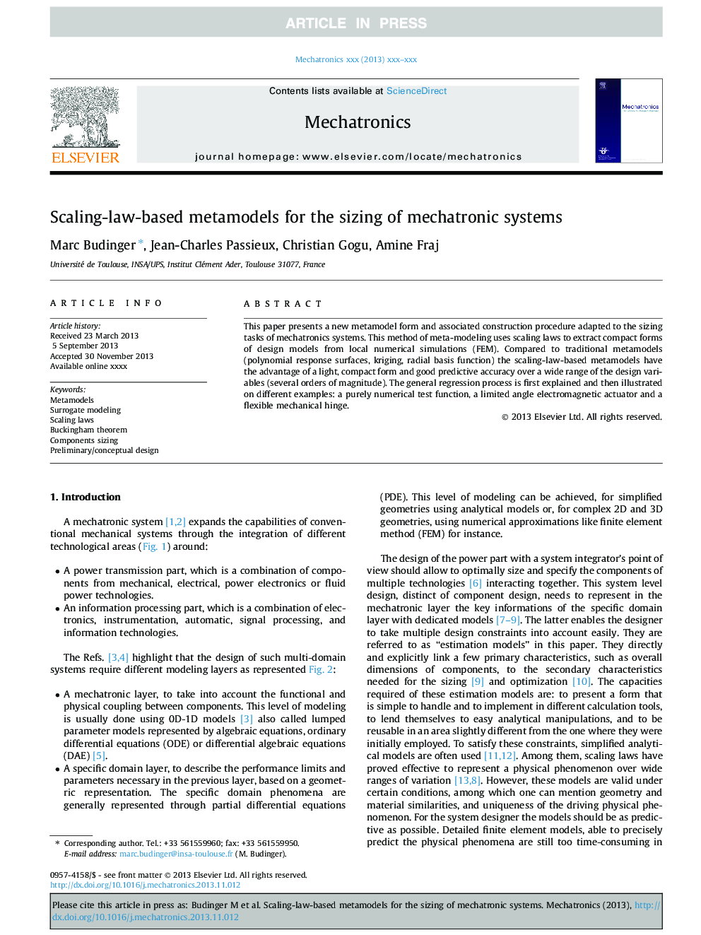 Scaling-law-based metamodels for the sizing of mechatronic systems