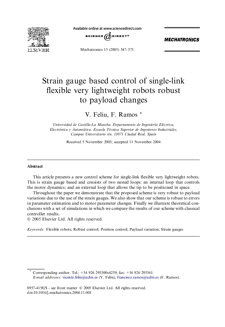 Strain gauge based control of single-link flexible very lightweight robots robust to payload changes