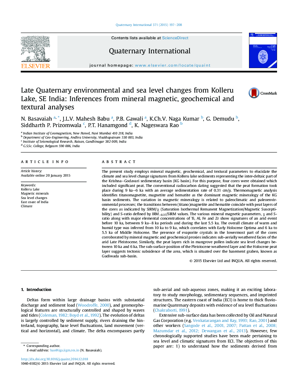 Late Quaternary environmental and sea level changes from Kolleru Lake, SE India: Inferences from mineral magnetic, geochemical and textural analyses