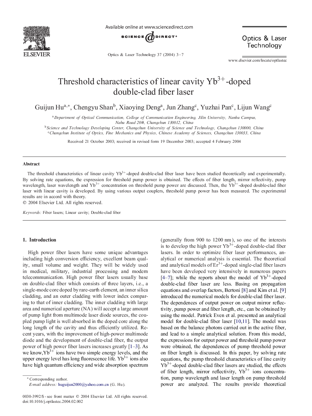 Threshold characteristics of linear cavity Yb3+-doped double-clad fiber laser