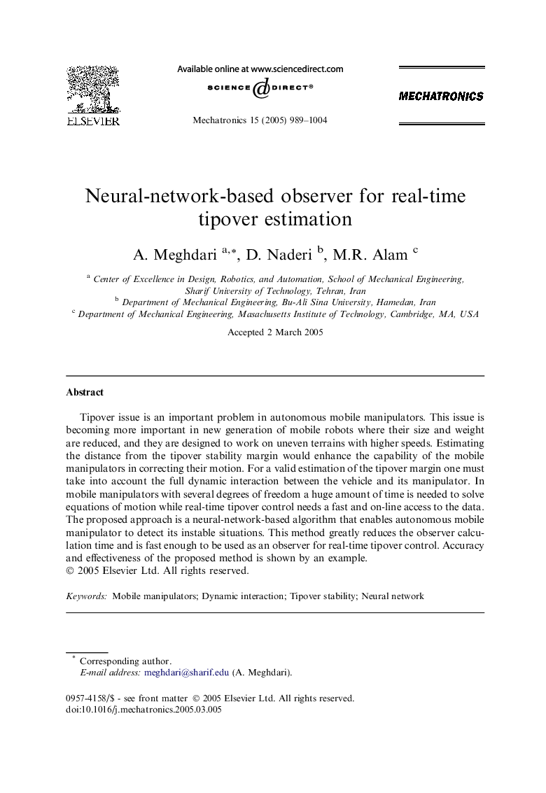 عکس صفحه اول مقاله: Neural-network-based observer for real-time tipover estimation Neural-network-based observer for real-time tipover estimation