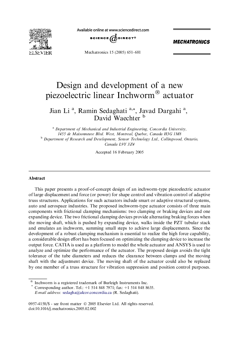 Design and development of a new piezoelectric linear Inchworm® actuator