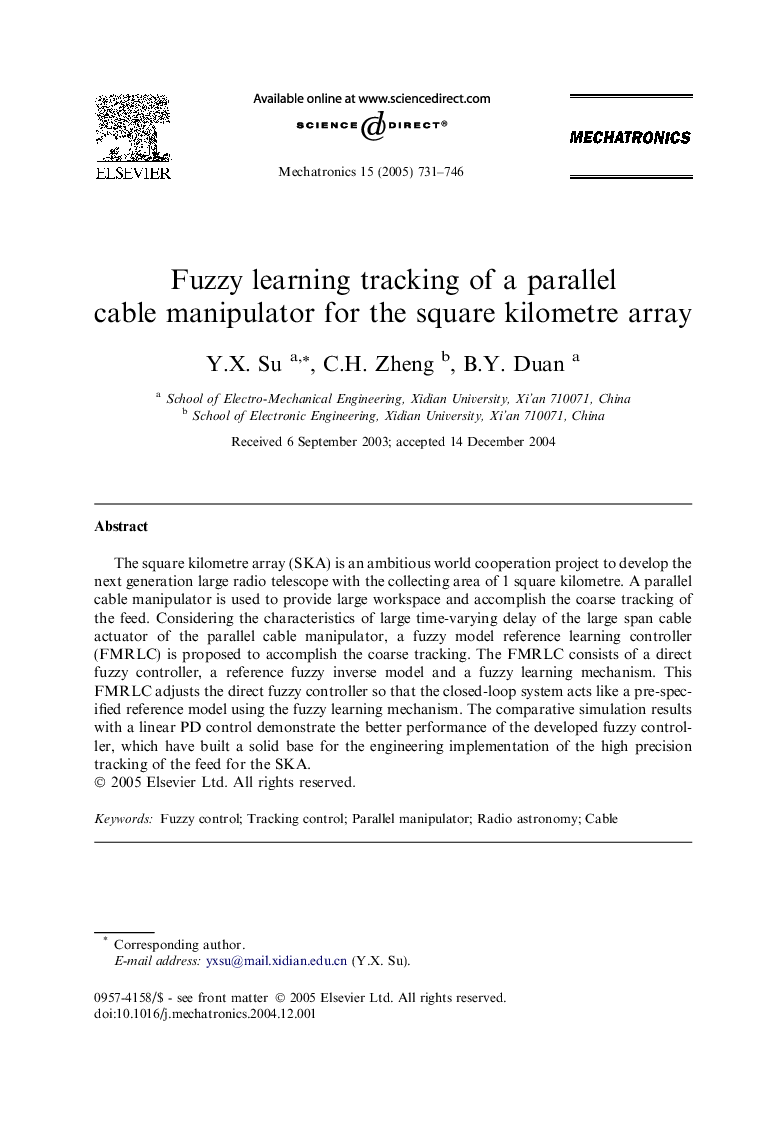 Fuzzy learning tracking of a parallel cable manipulator for the square kilometre array