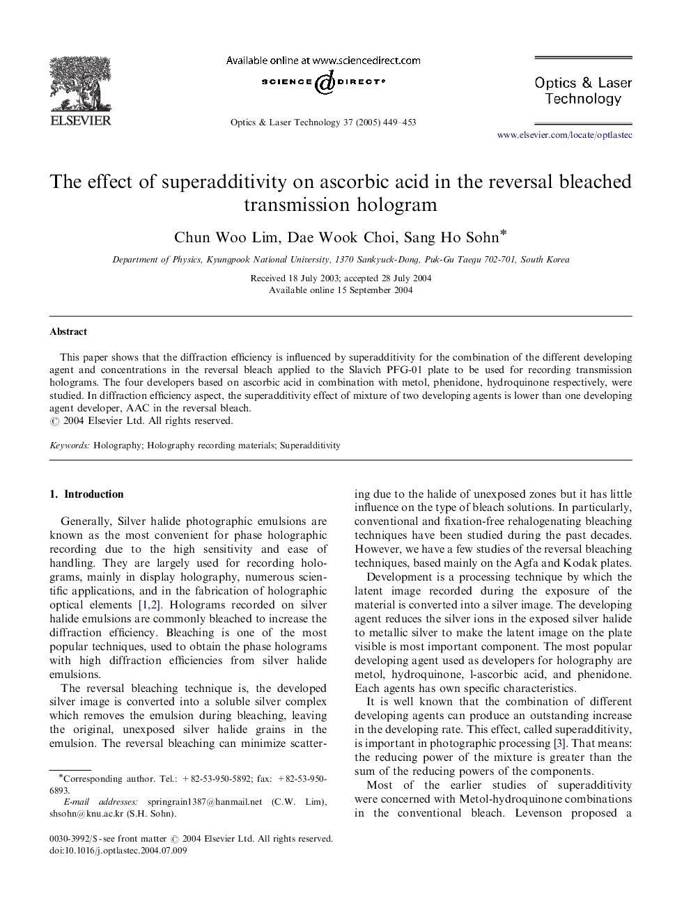 The effect of superadditivity on ascorbic acid in the reversal bleached transmission hologram