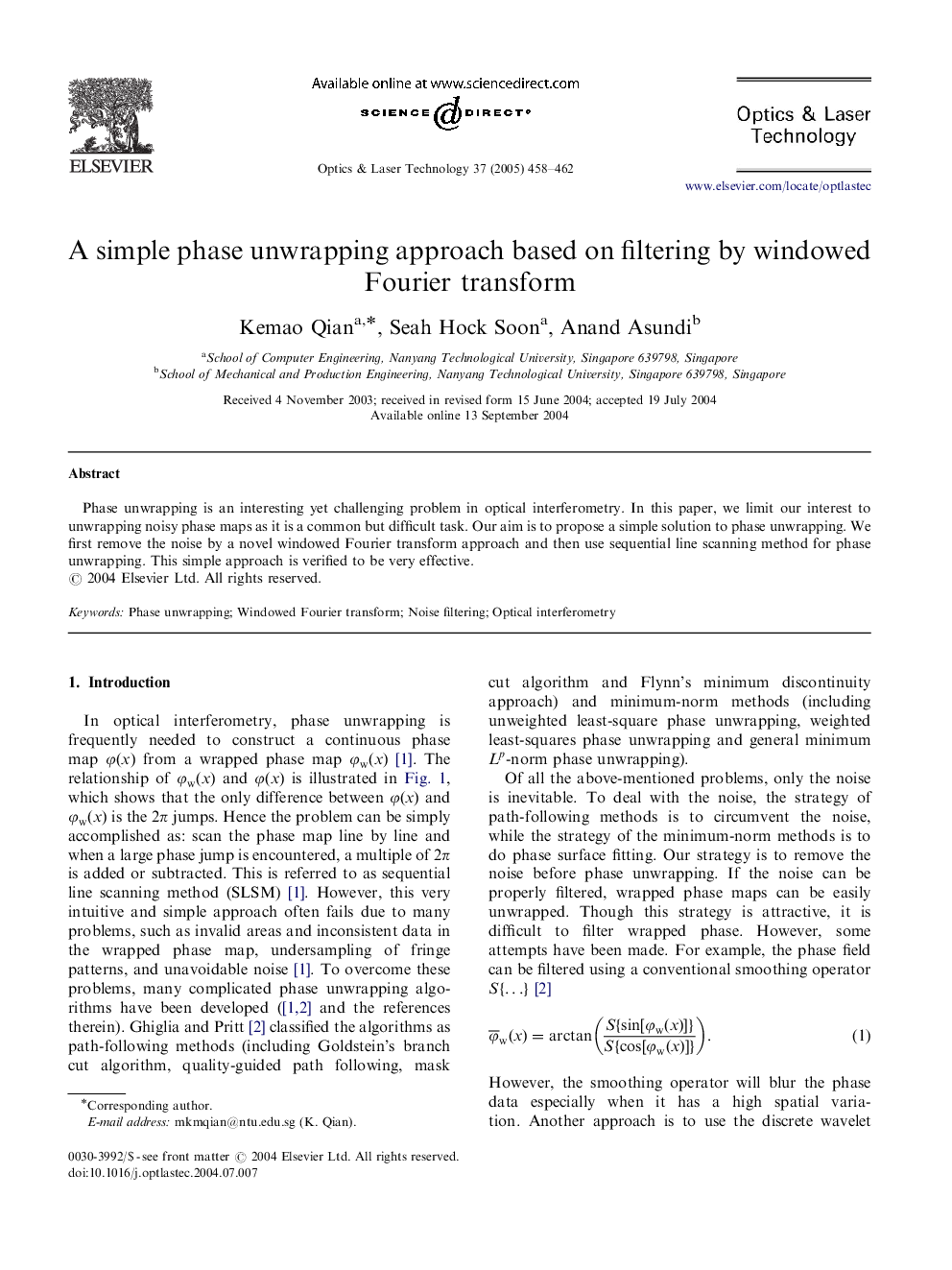 A simple phase unwrapping approach based on filtering by windowed Fourier transform