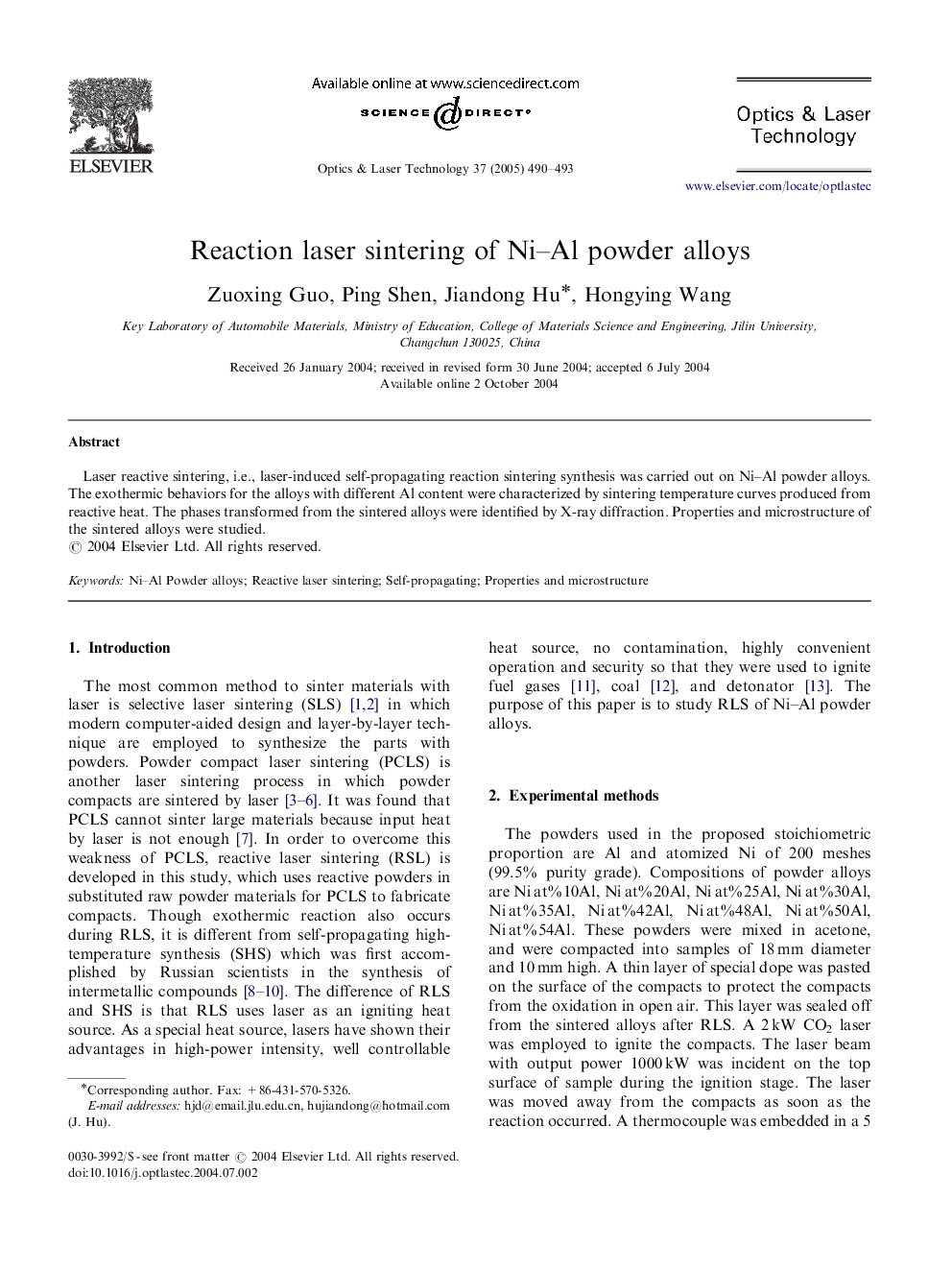 Reaction laser sintering of Ni-Al powder alloys