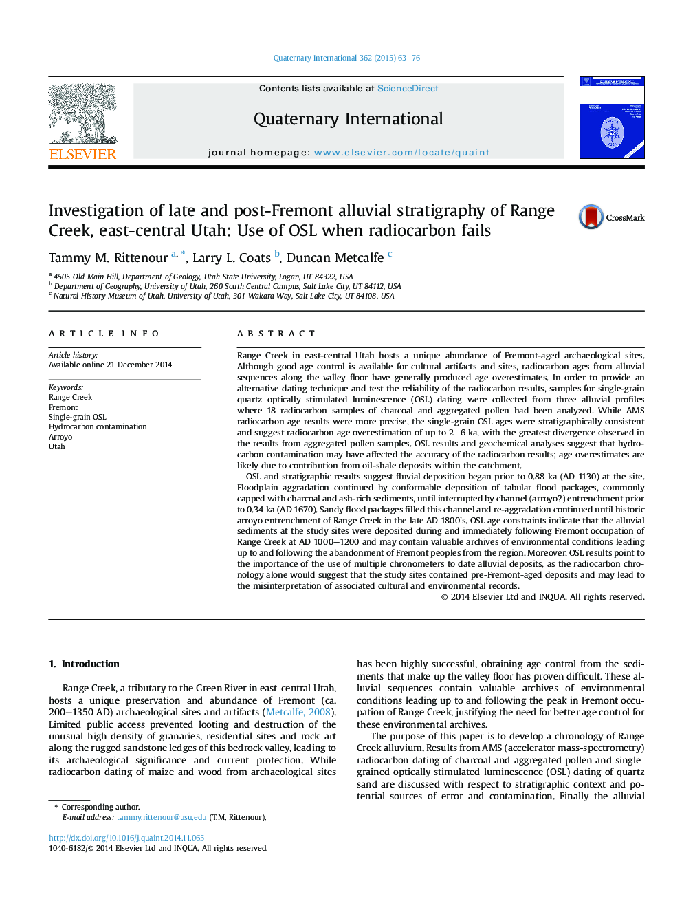 Investigation of late and post-Fremont alluvial stratigraphy of Range Creek, east-central Utah: Use of OSL when radiocarbon fails