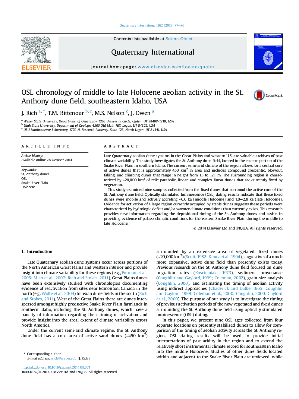 OSL chronology of middle to late Holocene aeolian activity in the St. Anthony dune field, southeastern Idaho, USA