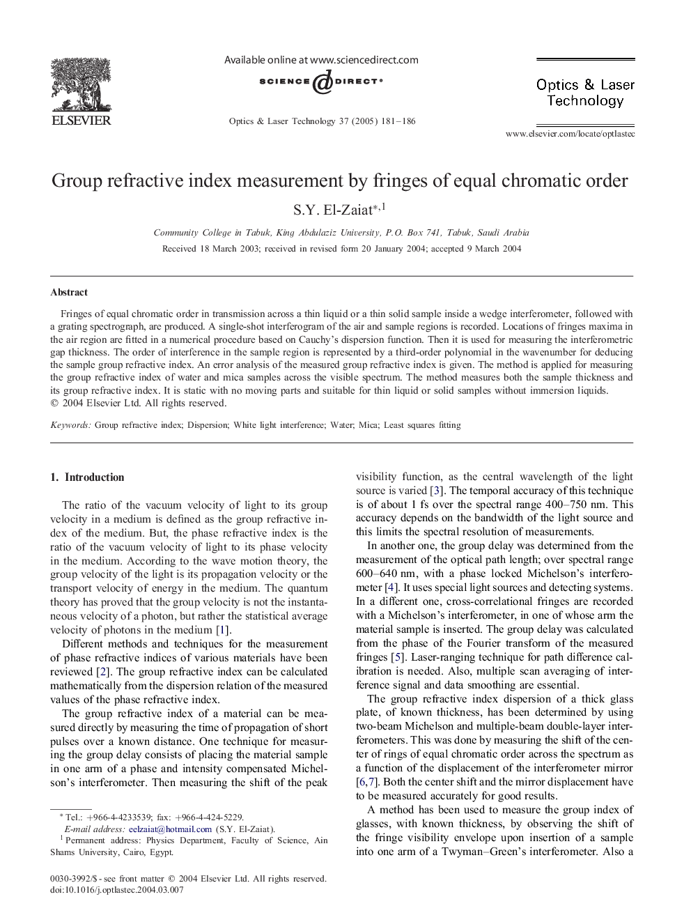 Group refractive index measurement by fringes of equal chromatic order