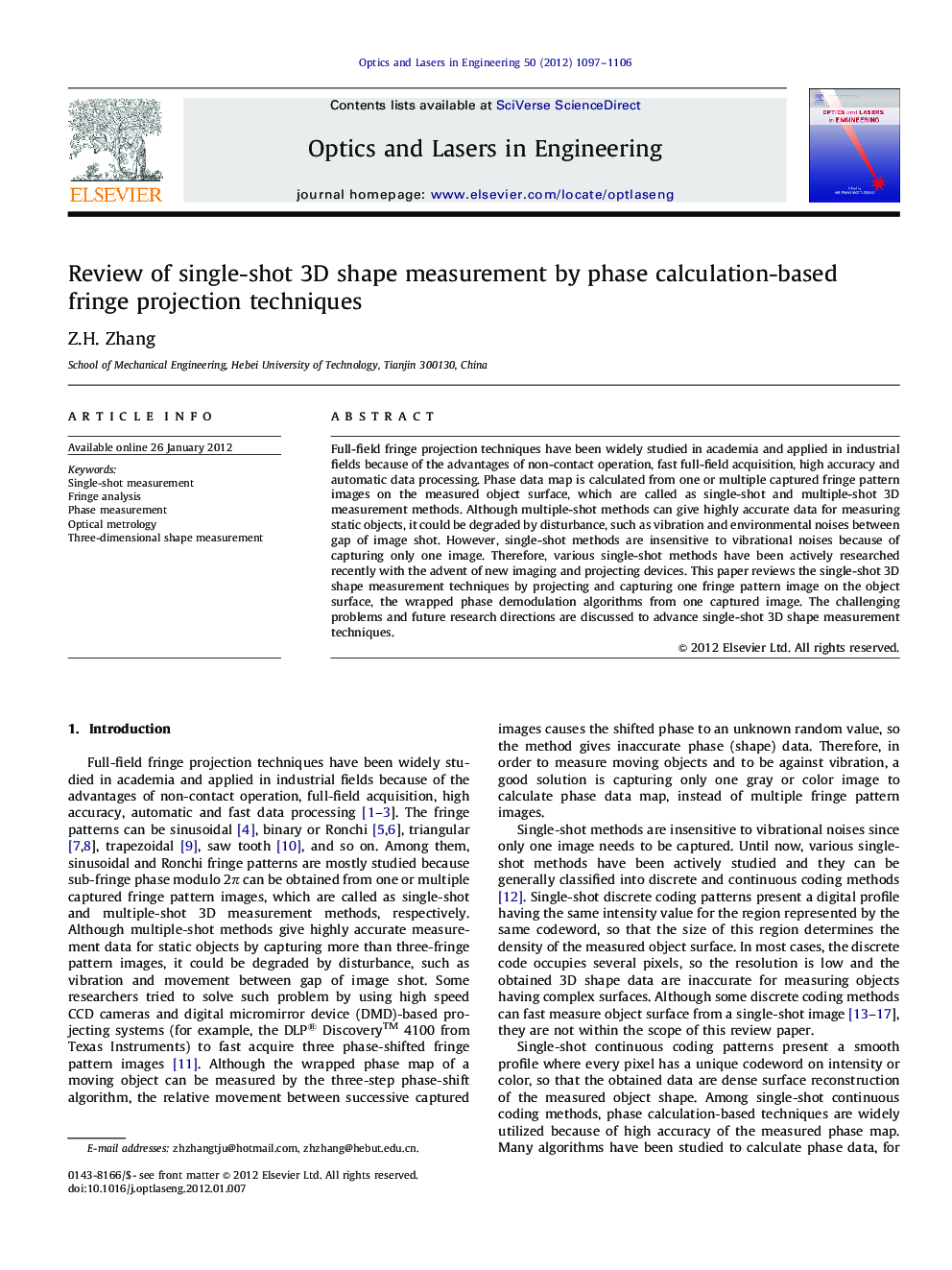 Review of single-shot 3D shape measurement by phase calculation-based fringe projection techniques