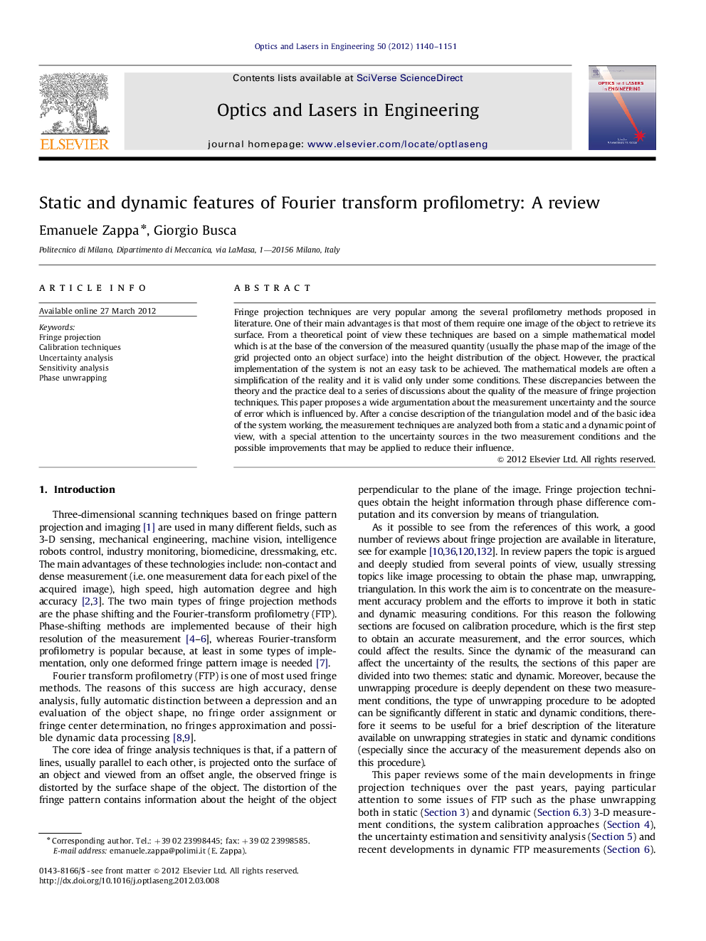 Static and dynamic features of Fourier transform profilometry: A review