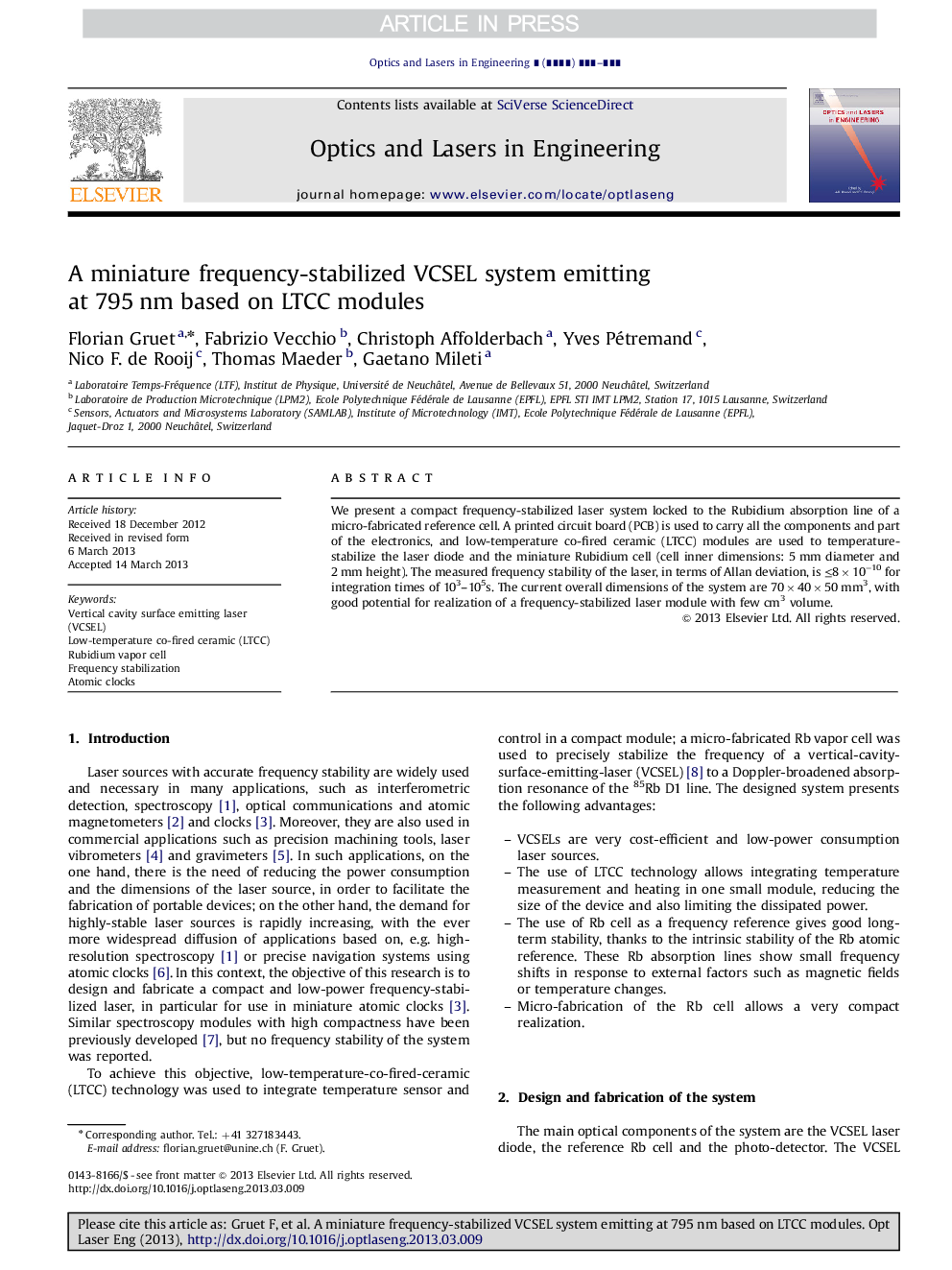 A miniature frequency-stabilized VCSEL system emitting at 795Â nm based on LTCC modules