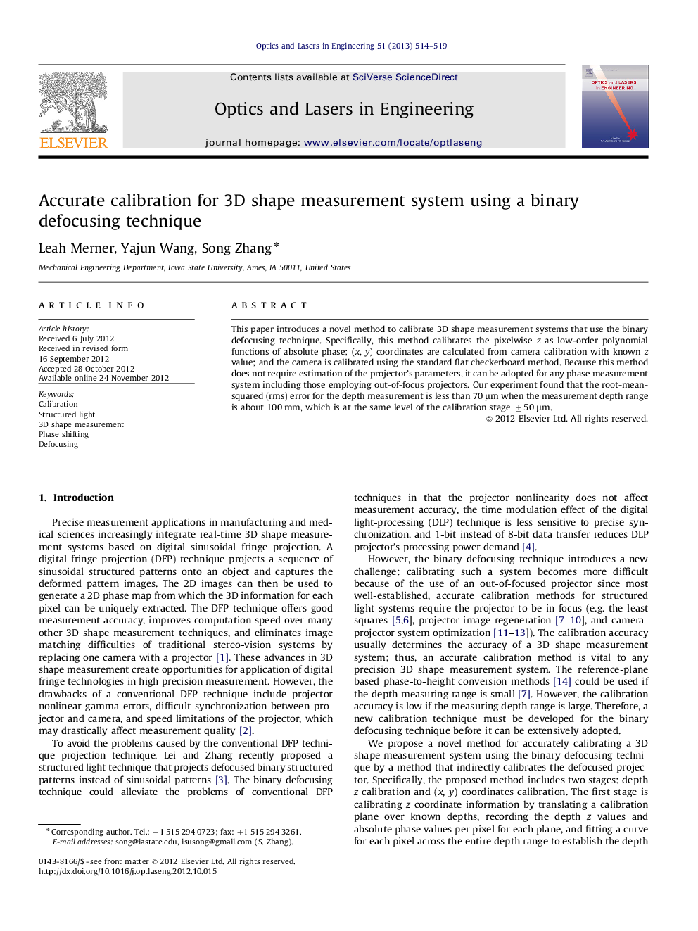 Accurate calibration for 3D shape measurement system using a binary defocusing technique