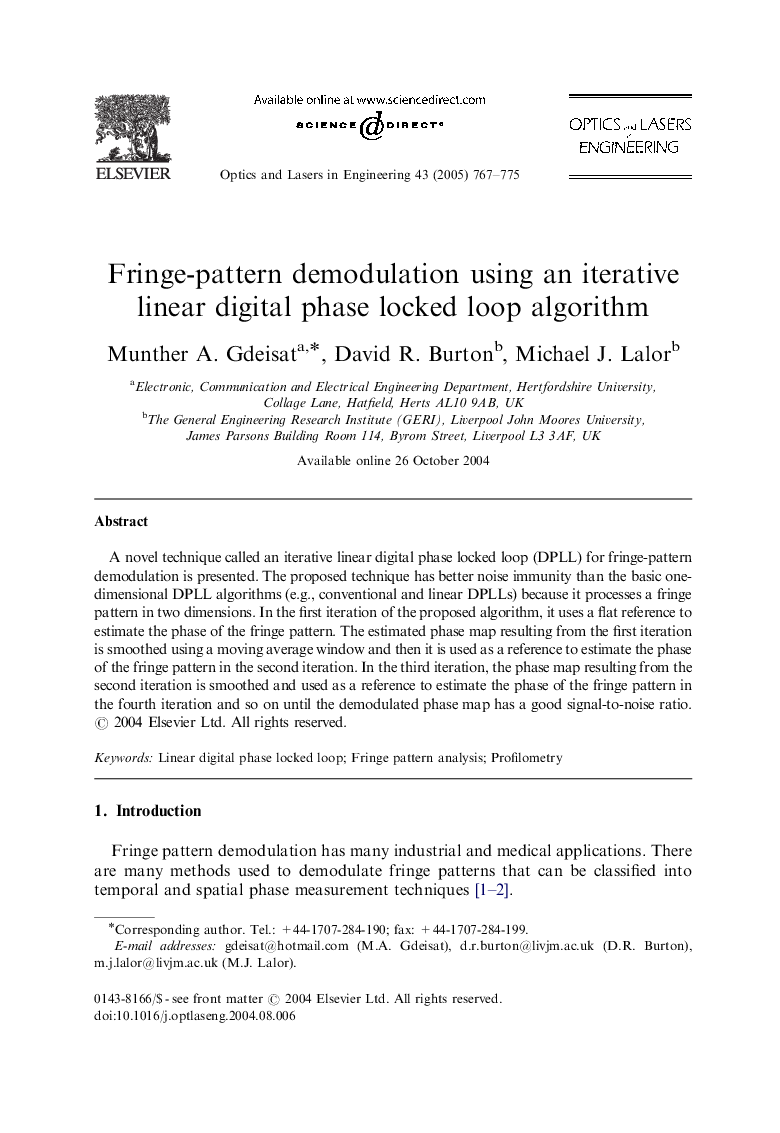 Fringe-pattern demodulation using an iterative linear digital phase locked loop algorithm