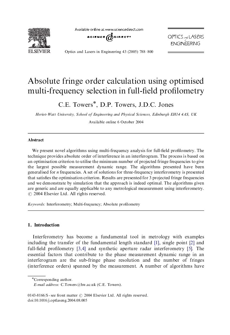 Absolute fringe order calculation using optimised multi-frequency selection in full-field profilometry