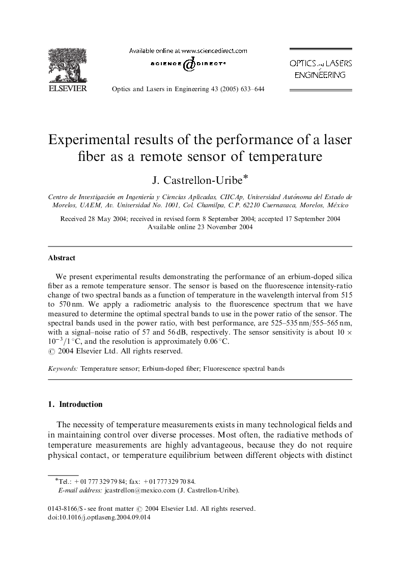 Experimental results of the performance of a laser fiber as a remote sensor of temperature