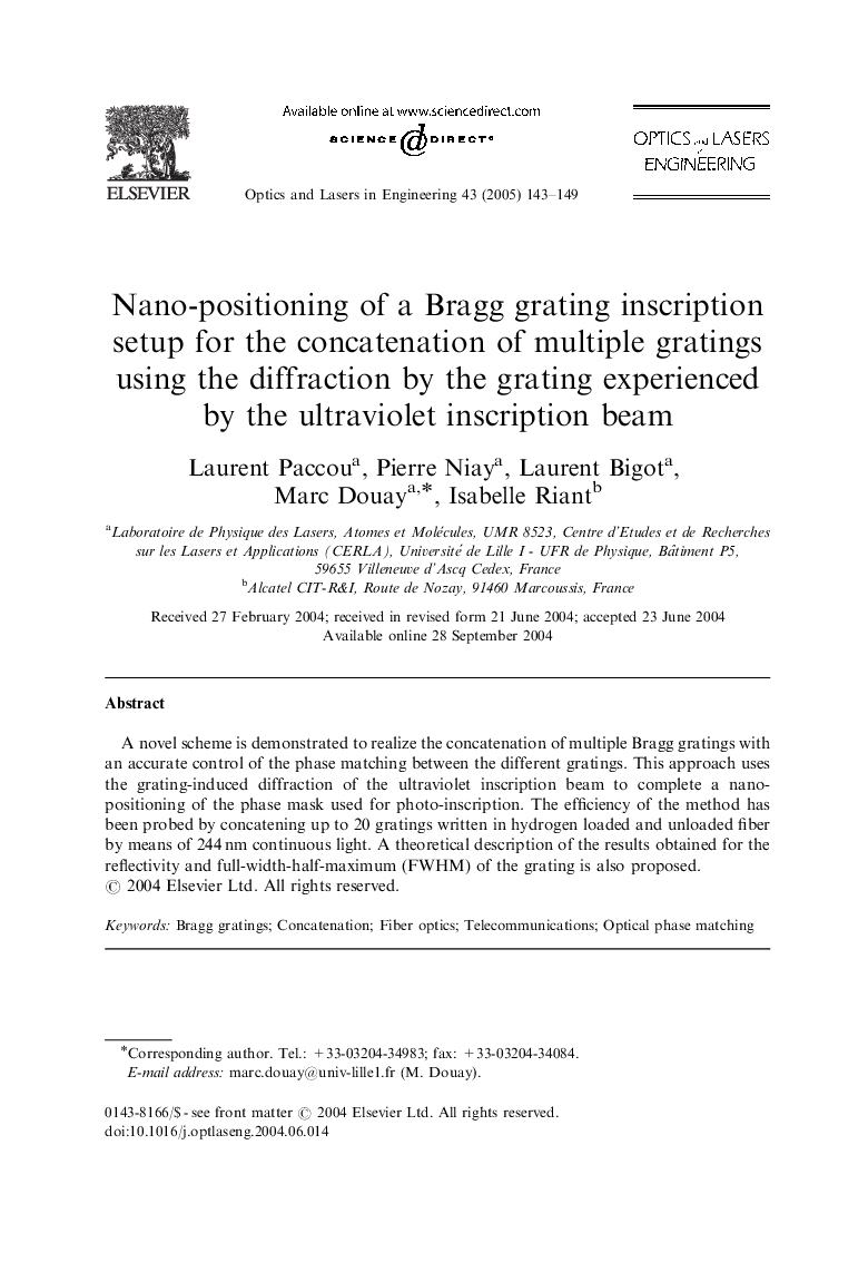 Nano-positioning of a Bragg grating inscription setup for the concatenation of multiple gratings using the diffraction by the grating experienced by the ultraviolet inscription beam