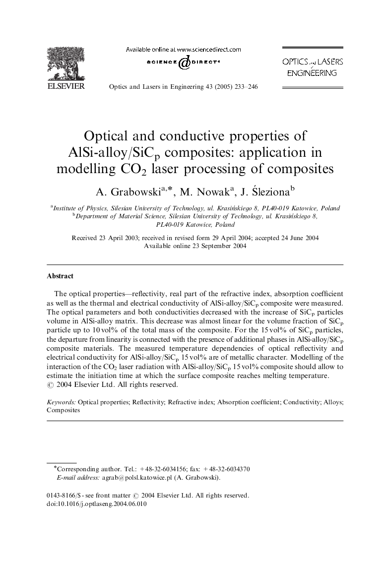 Optical and conductive properties of AlSi-alloy/SiCp composites: application in modelling CO2 laser processing of composites