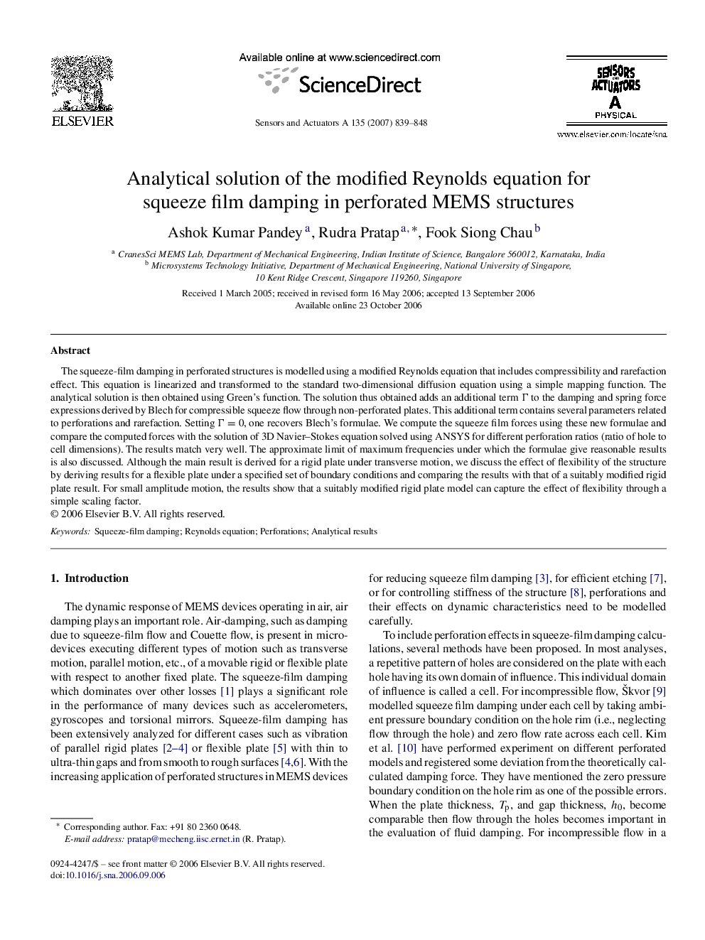 Analytical solution of the modified Reynolds equation for squeeze film damping in perforated MEMS structures