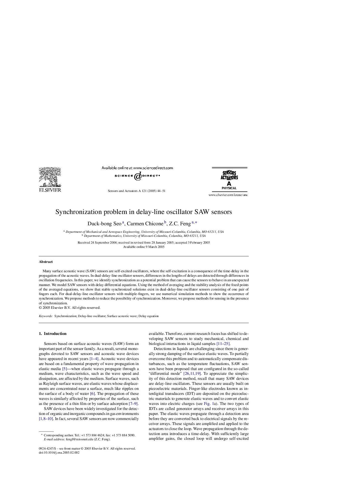 Synchronization problem in delay-line oscillator SAW sensors