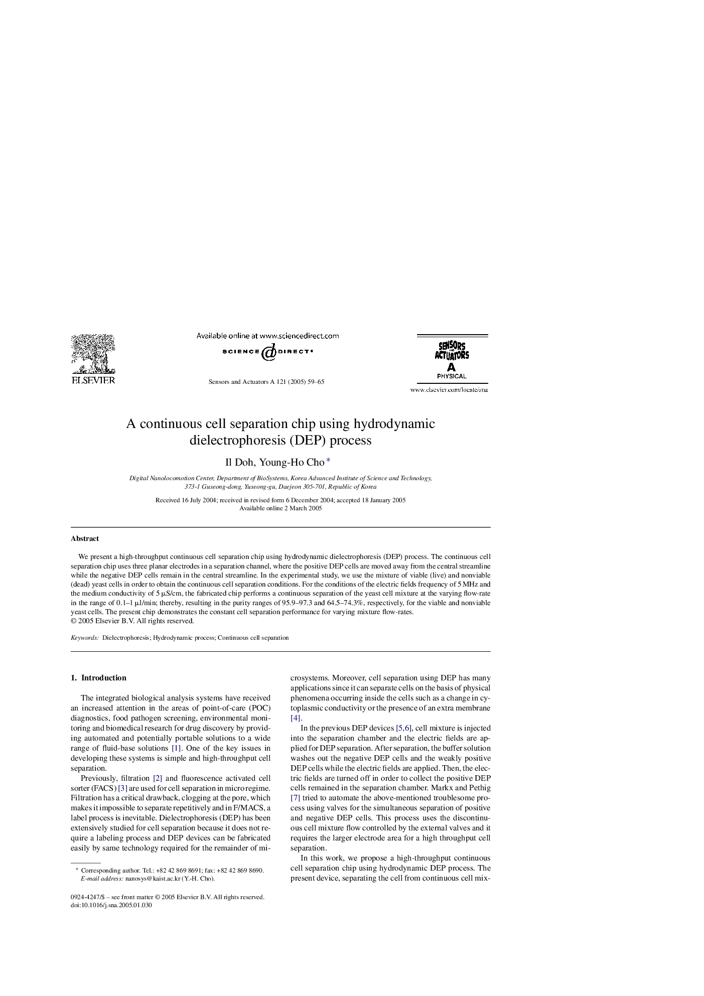 A continuous cell separation chip using hydrodynamic dielectrophoresis (DEP) process