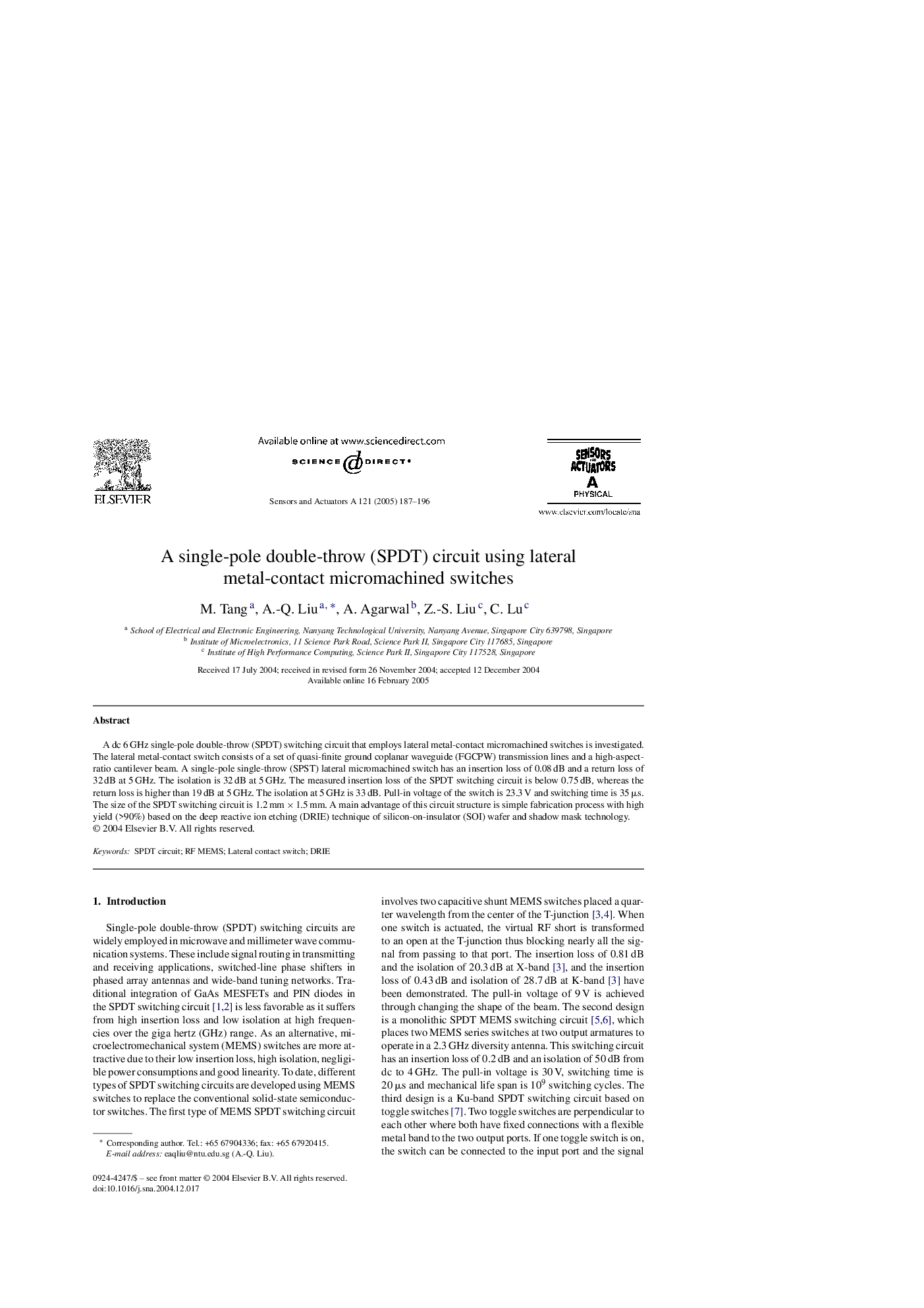 A single-pole double-throw (SPDT) circuit using lateral metal-contact micromachined switches