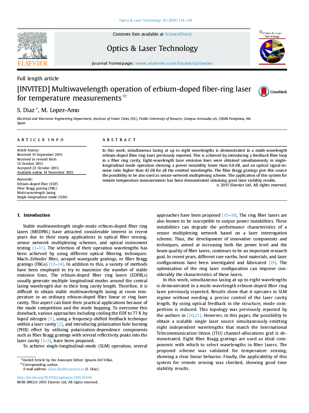 [INVITED] Multiwavelength operation of erbium-doped fiber-ring laser for temperature measurements