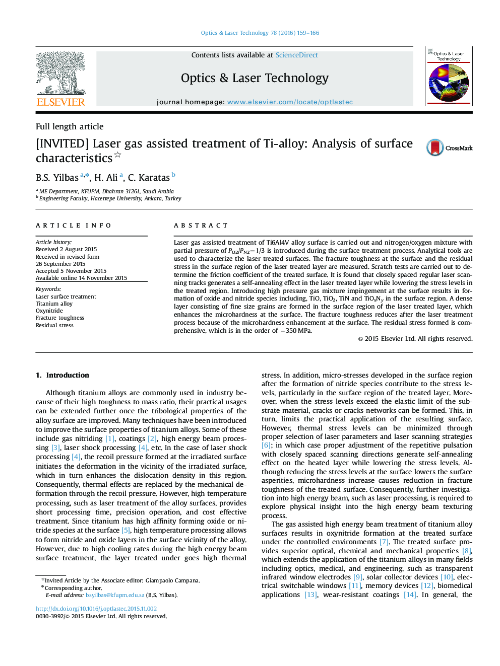 [INVITED] Laser gas assisted treatment of Ti-alloy: Analysis of surface characteristics