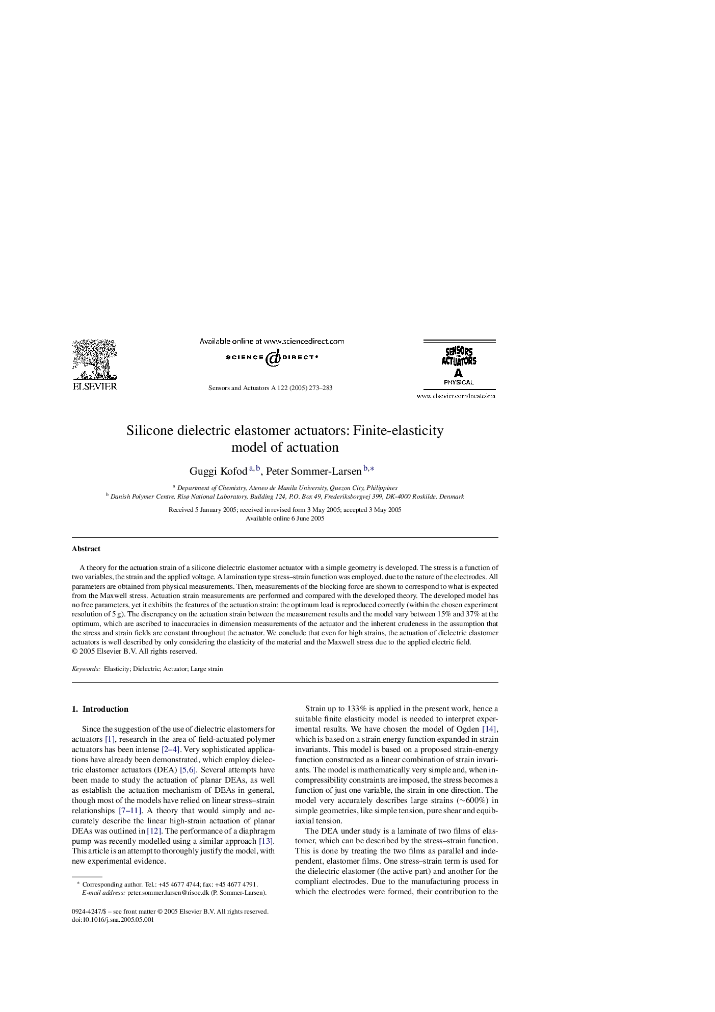 Silicone dielectric elastomer actuators: Finite-elasticity model of actuation