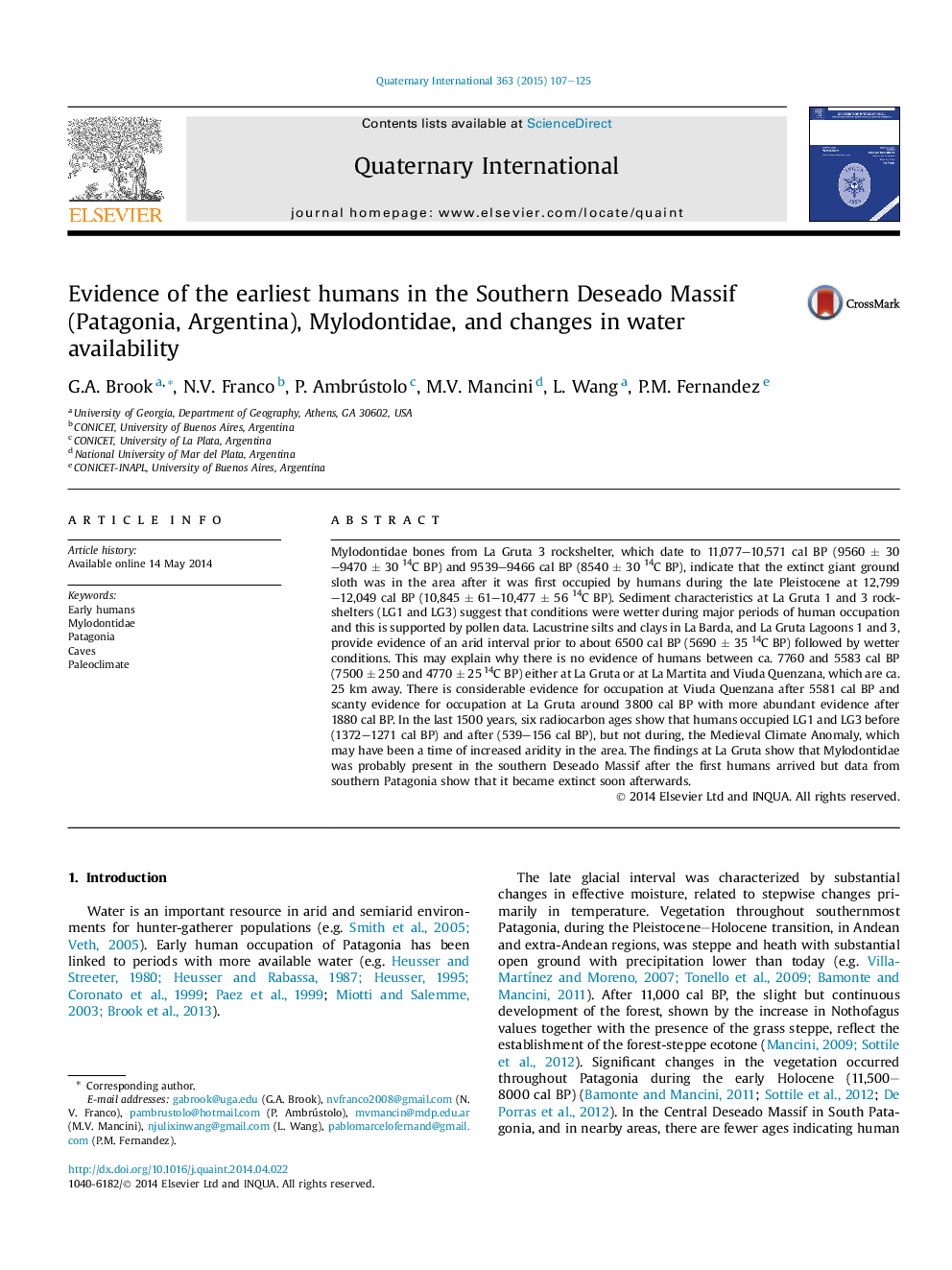 عکس صفحه اول مقاله: Evidence of the earliest humans in the Southern Deseado Massif (Patagonia, Argentina), Mylodontidae, and changes in water availability Evidence of the earliest humans in the Southern Deseado Massif (Patagonia, Argentina), Mylodontidae, and changes in water availability