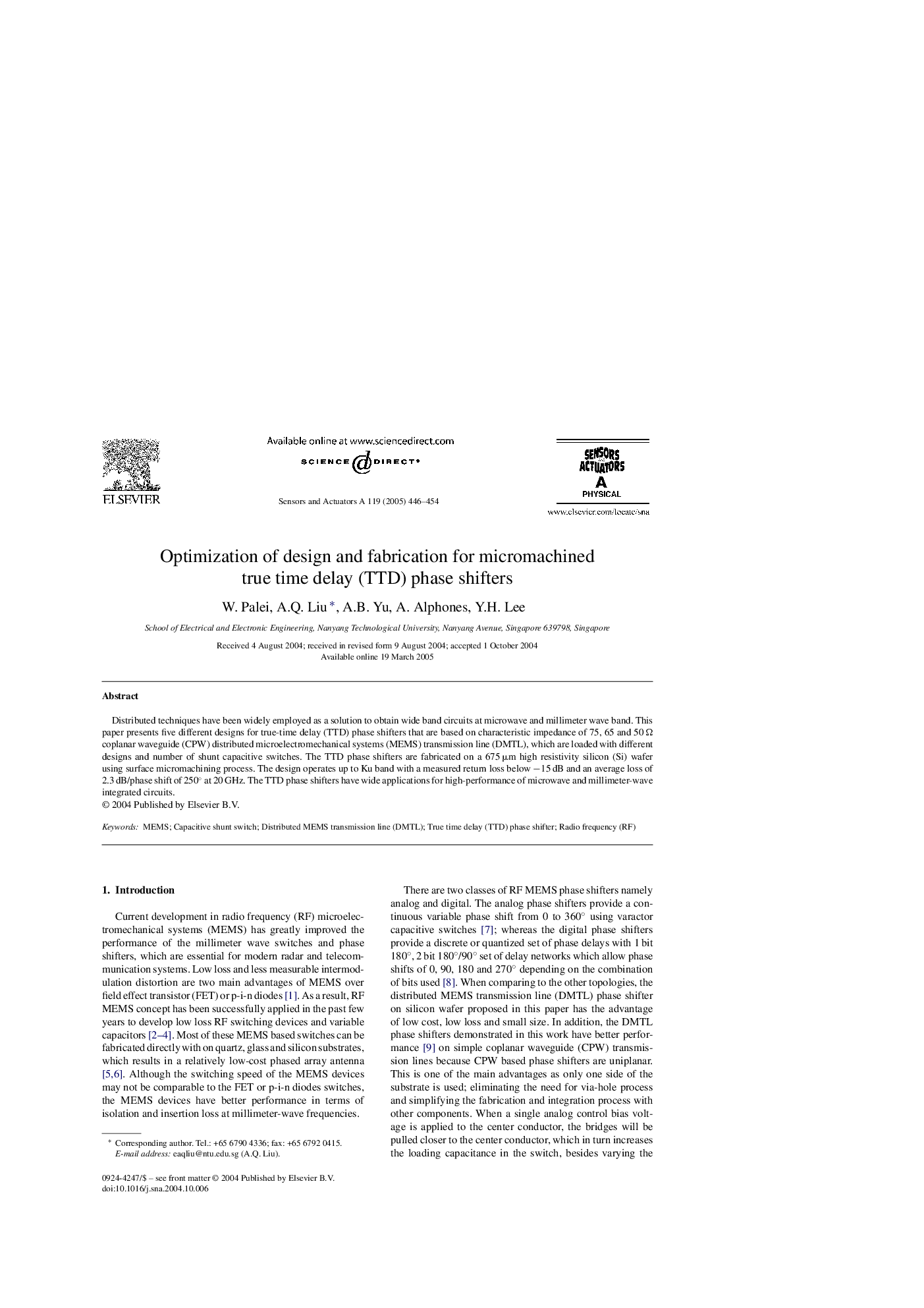 Optimization of design and fabrication for micromachined true time delay (TTD) phase shifters