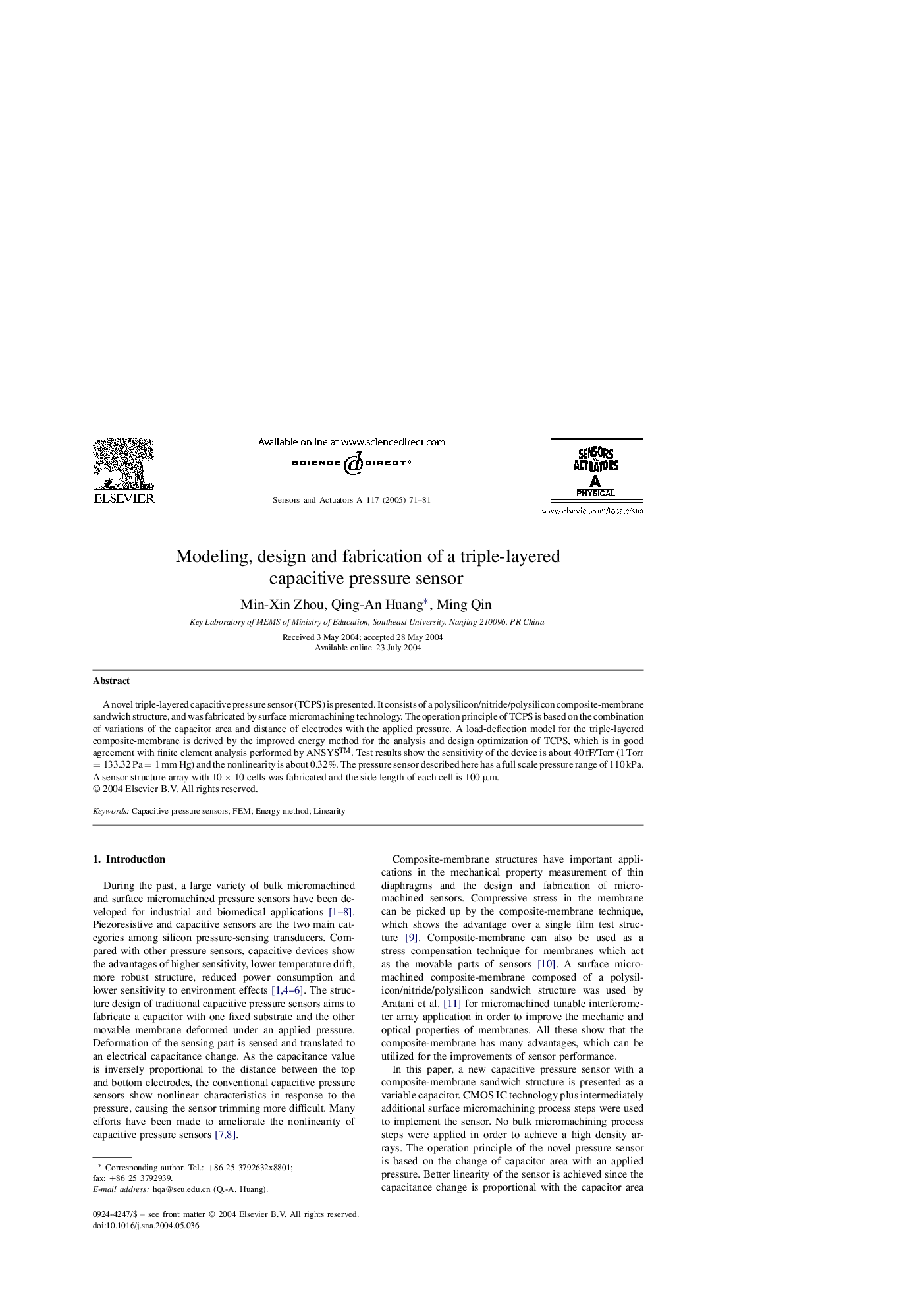 Modeling, design and fabrication of a triple-layered capacitive pressure sensor