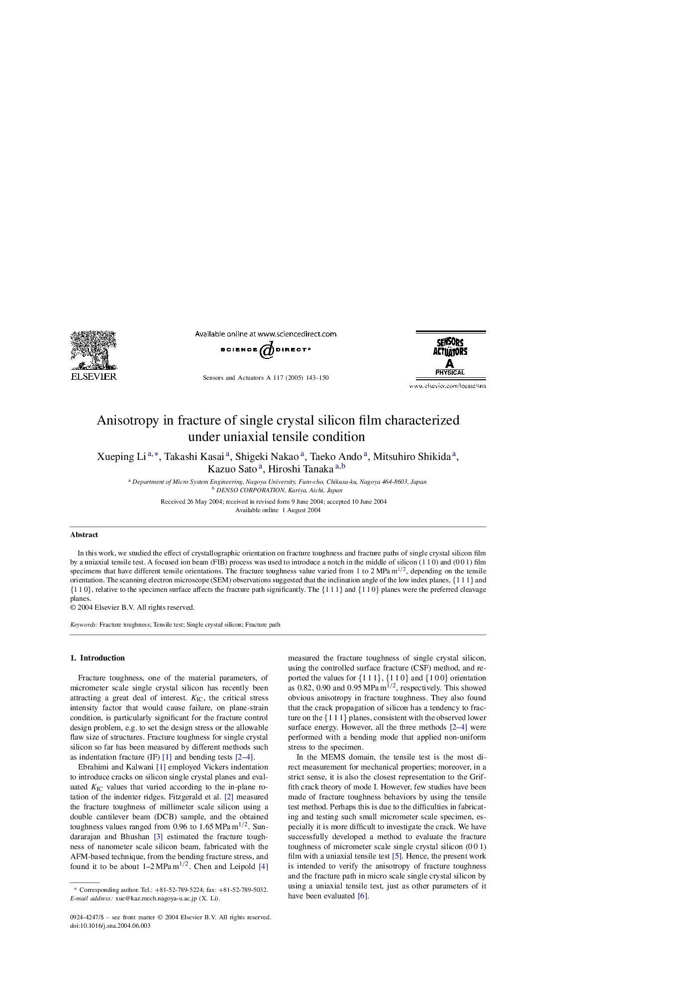 Anisotropy in fracture of single crystal silicon film characterized under uniaxial tensile condition